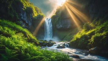 Waterfall with Sunlight Streaming Through Lush Green Forest photo