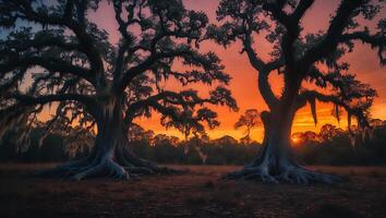 Trees at Sunset with Spanish Moss photo