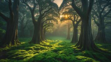 Forest with Moss and Sunlight photo