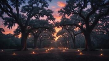 Trees Lit Path at Sunset photo