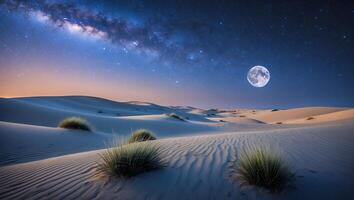 Desert Landscape Under a Starry Night with Full Moon photo