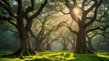 Sunlit Forest with Mossy Ground and Trees photo