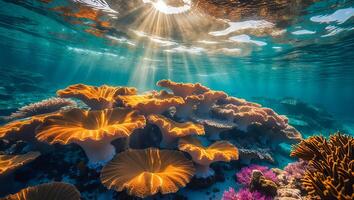 Coral Reef Underwater Scene with Sun Rays photo