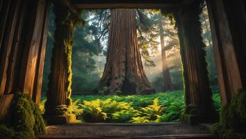 Giant Redwood Tree in Enchanted Forest, Seen Through Wooden Doorway photo