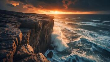 Cliff Coastline with Waves at Sunset photo