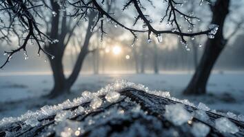 Frozen Branch with Ice on Tree in Winter Landscape photo