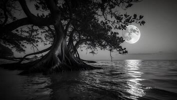 Tree Under Moon at Night Near Water photo
