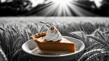 Pumpkin Pie Slice with Whipped Cream in Wheat Field photo