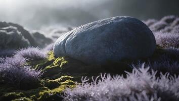 Rock Resting on Moss and Lavender Grass photo