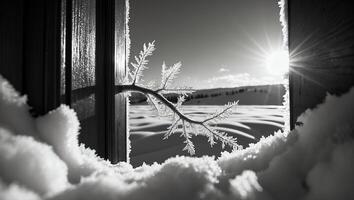 Frozen Branch Through Window in Winter Scene photo