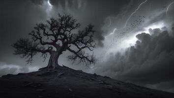 Lone Tree Under Dramatic Sky with Birds and Lightning photo