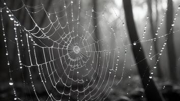 Spiderweb with Water Droplets in Forest Monochrome photo