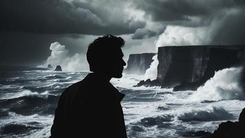 Silhouette of Man Watching Stormy Ocean at Cliffs photo