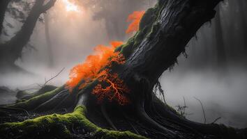 Tree with Orange Growth in Foggy Forest photo
