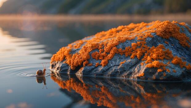 Snail on Rock in Water with Moss and Reflections photo