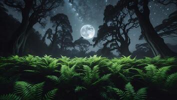 Forest with Ferns and Moon at Night photo