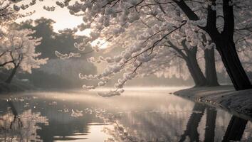 Cherry Blossom Tree by Lake at Dawn in Springtime photo