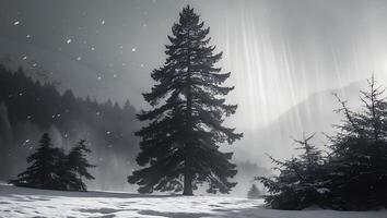 Snowy Winter Landscape with Pine Tree and Sunlight photo