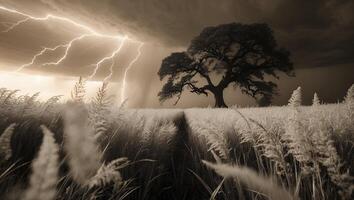 Tree Struck by Lightning in Field During Storm Landscape photo