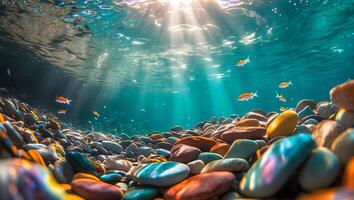 Underwater View of Fish and Pebbles with Sun Rays photo