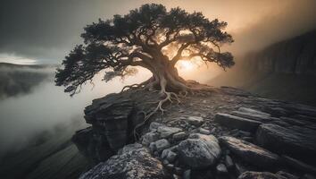 Tree on Cliffside Above Clouds in Foggy Landscape photo
