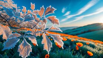Frosted Leaf Over Poppy Field at Sunrise photo