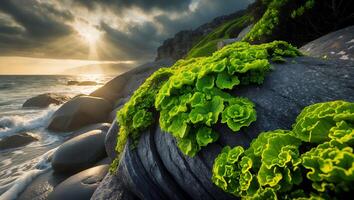 Coastal Rock with Green Vegetation on Beach with Sunlight photo