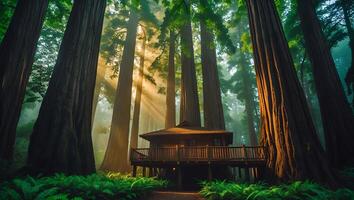 Cabin Among Giant Sequoia Trees in a Foggy Forest photo