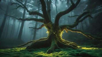 Ancient Tree in Foggy Forest Landscape photo