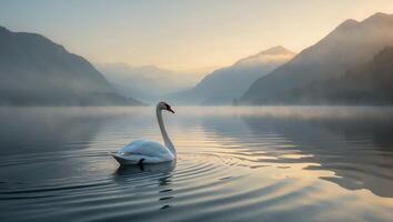 Swan on Lake with Mountains in Background photo