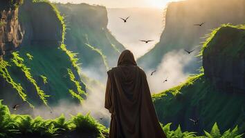 Person in Robe Looking at Mountain Valley with Birds photo