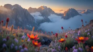 Mountain Peak View with Wildflower Field at Sunrise photo