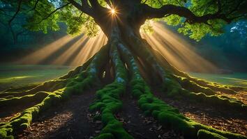 Majestic Tree with Sun Rays in Forest photo