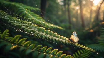 Butterfly on Fern Leaf with Dew Covered Spider Web in Forest photo