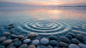 Calm Lake Ripples and Pebbles at Sunset photo
