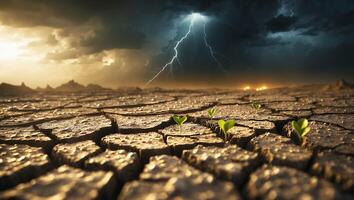 Sprout in Cracked Earth with Lightning in Background photo