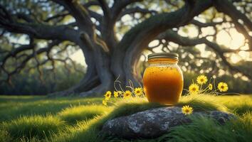 Jar of Orange Liquid in a Meadow with Flowers and a Tree photo