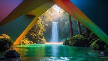Waterfall Scene with Turquoise Water and Colorful Abstract Frame photo