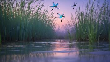 Dragonflies Flying Over Water and Tall Grass in Nature photo