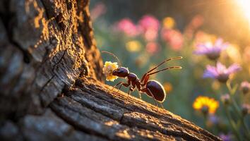 An ant is standing on a tree trunk with flowers in the background photo