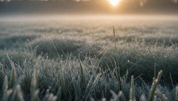 Frosty Spiderweb in a Field at Sunrise photo