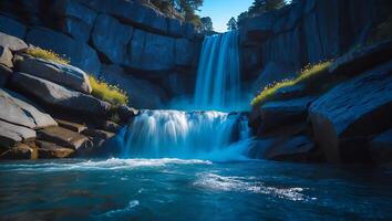 Scenic Waterfall Surrounded by Rocks and Vegetation photo