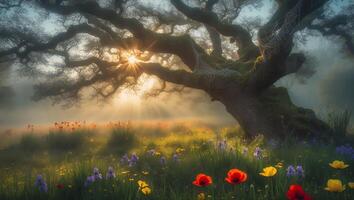Tree in Foggy Meadow with Flowers and Sunlight photo