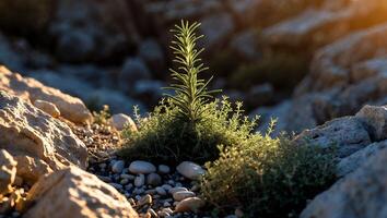 Small Plant Growing Among Rocks in the Sunlight photo