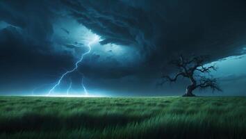 Lightning Storm Over Grassy Field with Lone Tree photo