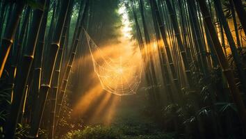 Spiderweb in Bamboo Forest with Sunlight photo