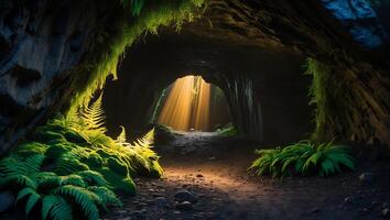 Cave with Sunlight and Ferns photo