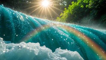 Waterfall with Rainbow and Sunlight Through Trees photo