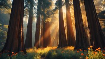 Sun Rays Through Sequoia Forest with Orange Flowers photo