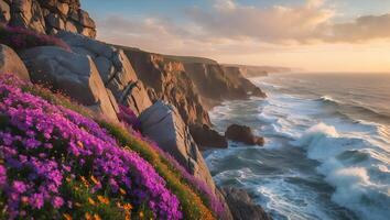 Coastal Cliffside with Flowers and Ocean Waves at Sunset photo